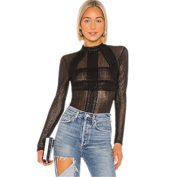 BCBGMaxAzria Sheer Black Long Sleeve Bodysuit - Picture 3 of 5